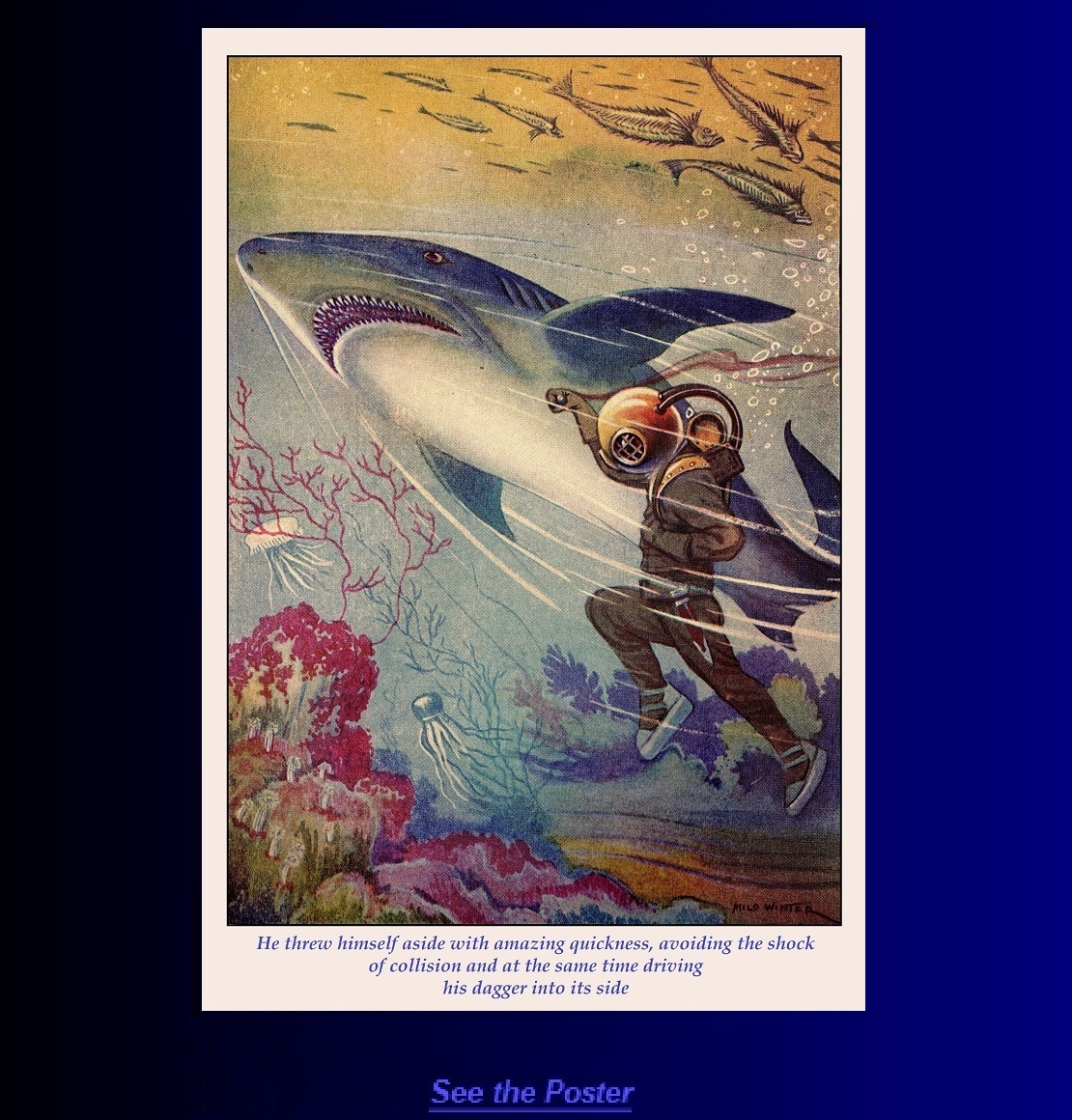 Graphic poster: Captain Nemo plunges his dagger into the shark